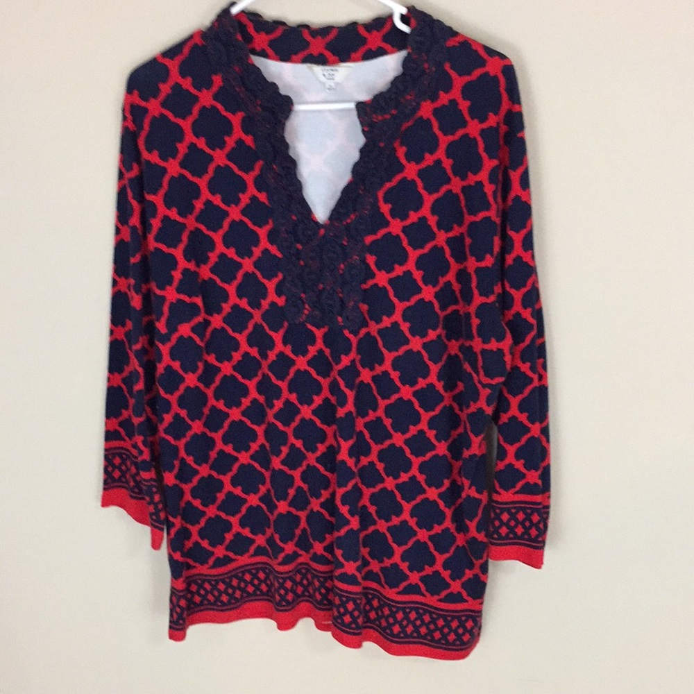 Crown & Ivy Red and Blue Top Tunic with Blue Lace Split Neckline Size 2X